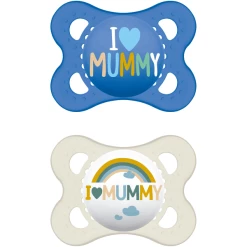 MAM Schnuller Original Aus Silikon I Love Mummy 0 - 6 Monate , Blau/beige