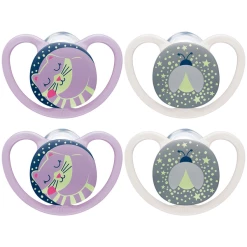 NUK Nachtschnuller Space Gr. 1, 0 - 6 Monate Silikon, Katze & Glühwürmchen, 4 Stück