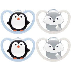 NUK Schnuller Space Gr. 1, 0 - 6 Monate Silikon Pinguin/Fuchs, 4 Stück