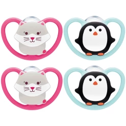 NUK Schnuller Space Gr. 2, 6 - 18 Monate Silikon Katze/Pinguin, 4 Stück