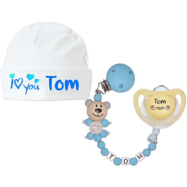 Schnullireich Geschenkset Mit Namen I Love You (0-6 Mon) Junge Blau 3 Schnullireich Geschenkset Mit Namen I Love You (0-6 Mon) Junge Blau