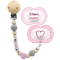 Schnullireich Schnullerkette Mit Namen + MAM Schnuller Mummy 6-18 Mon. Rosa